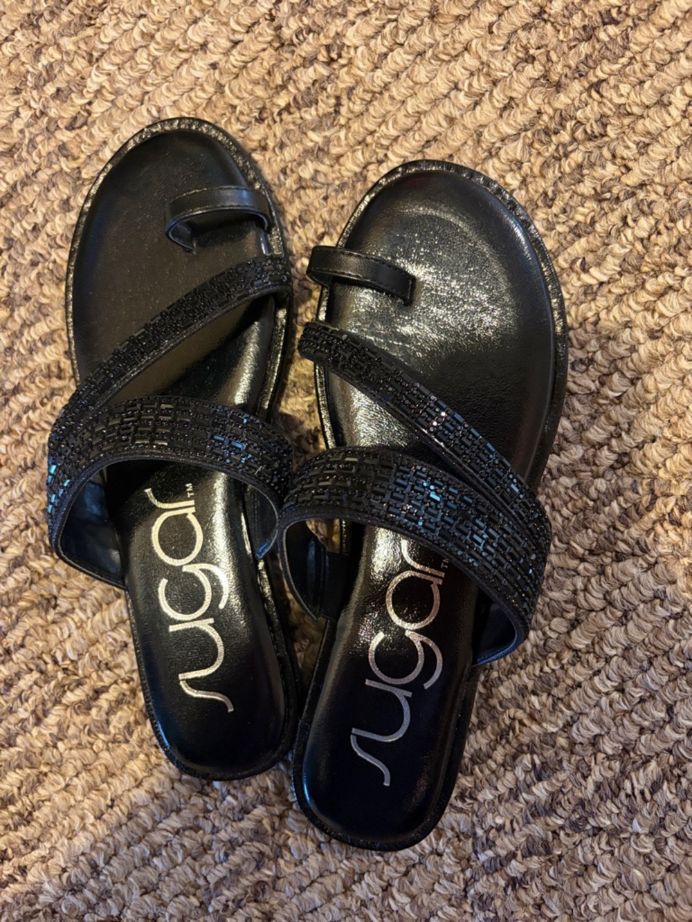 Sugar Black Beaded Cross-Strap Slide Sandals